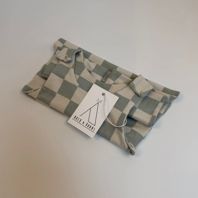 Sage Checkerboard Full-Length Harem Romper