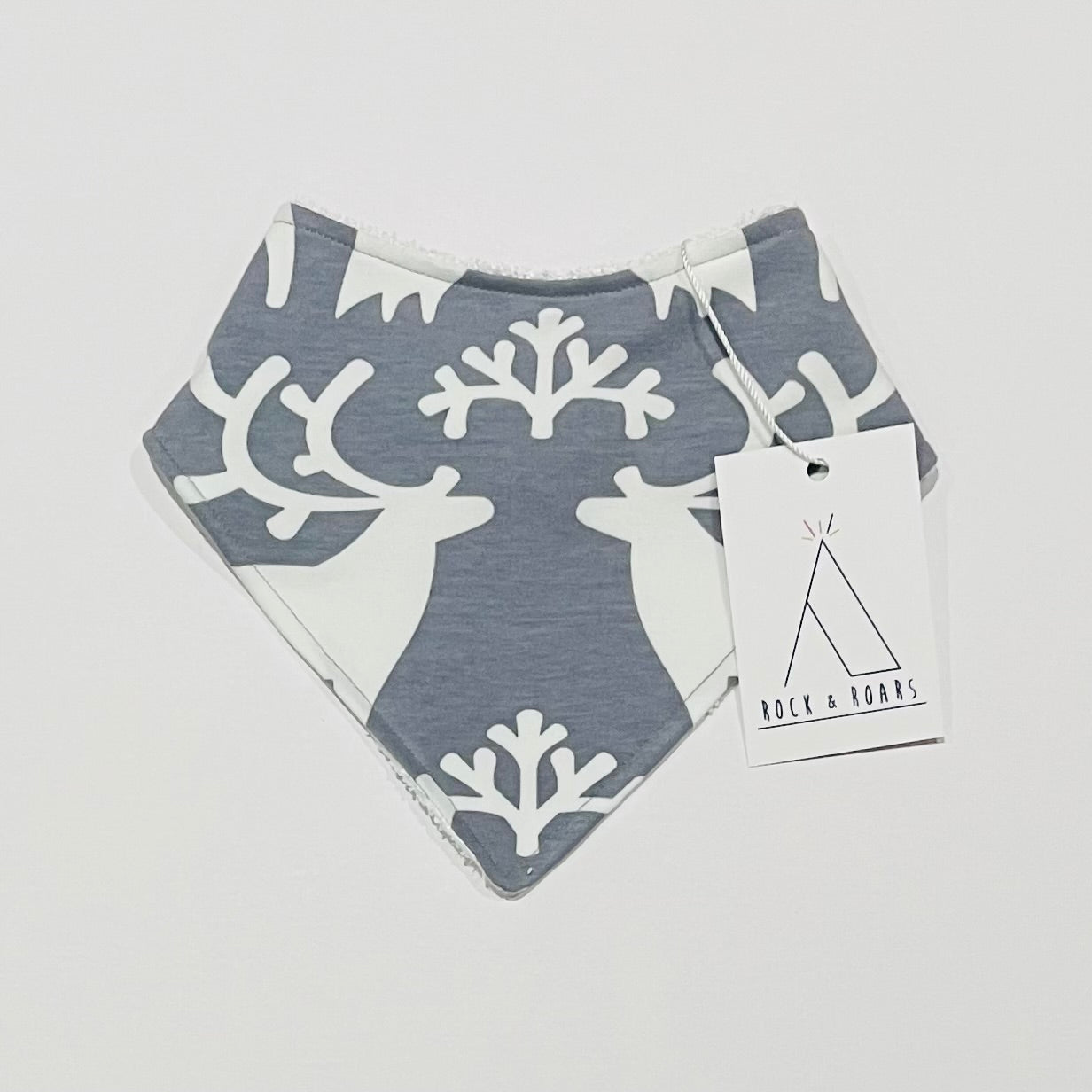 Pre-Made, Grey Scandi Reindeer Bandana Bib